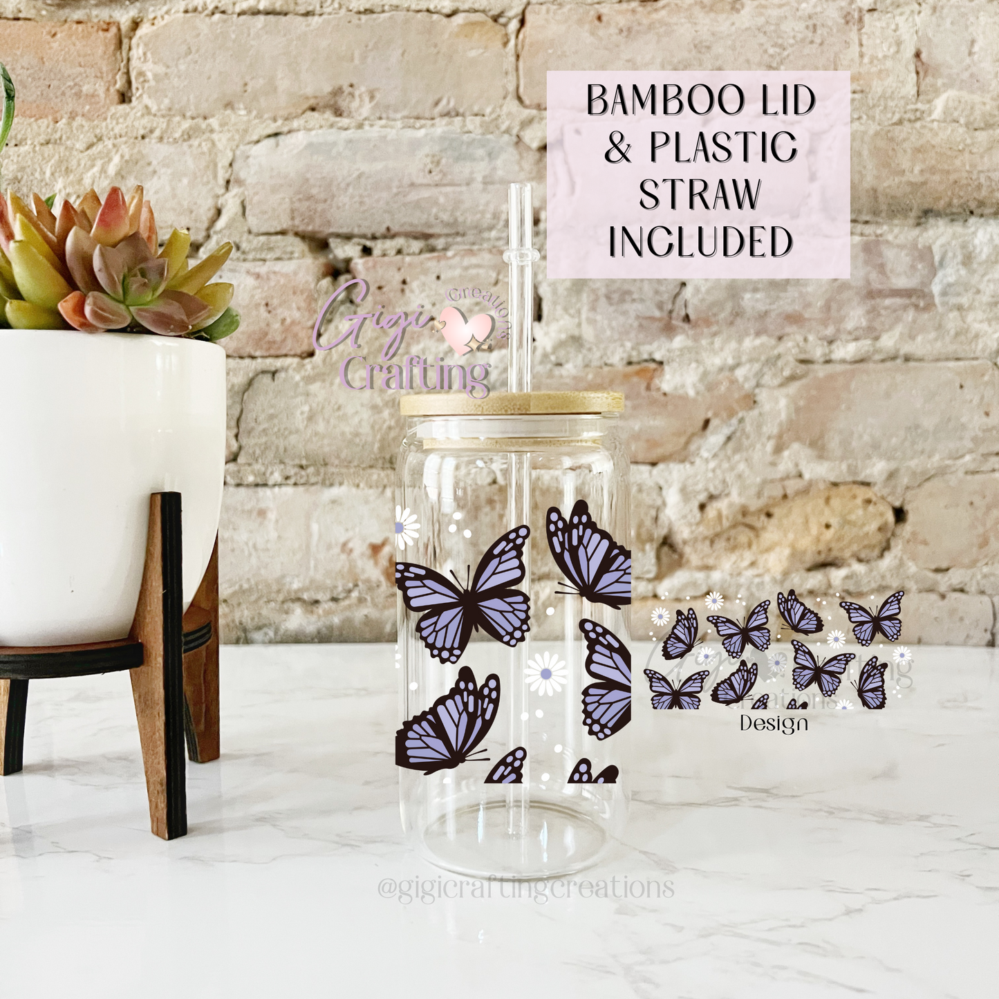 16oz Glass Cup Blue Butterfly