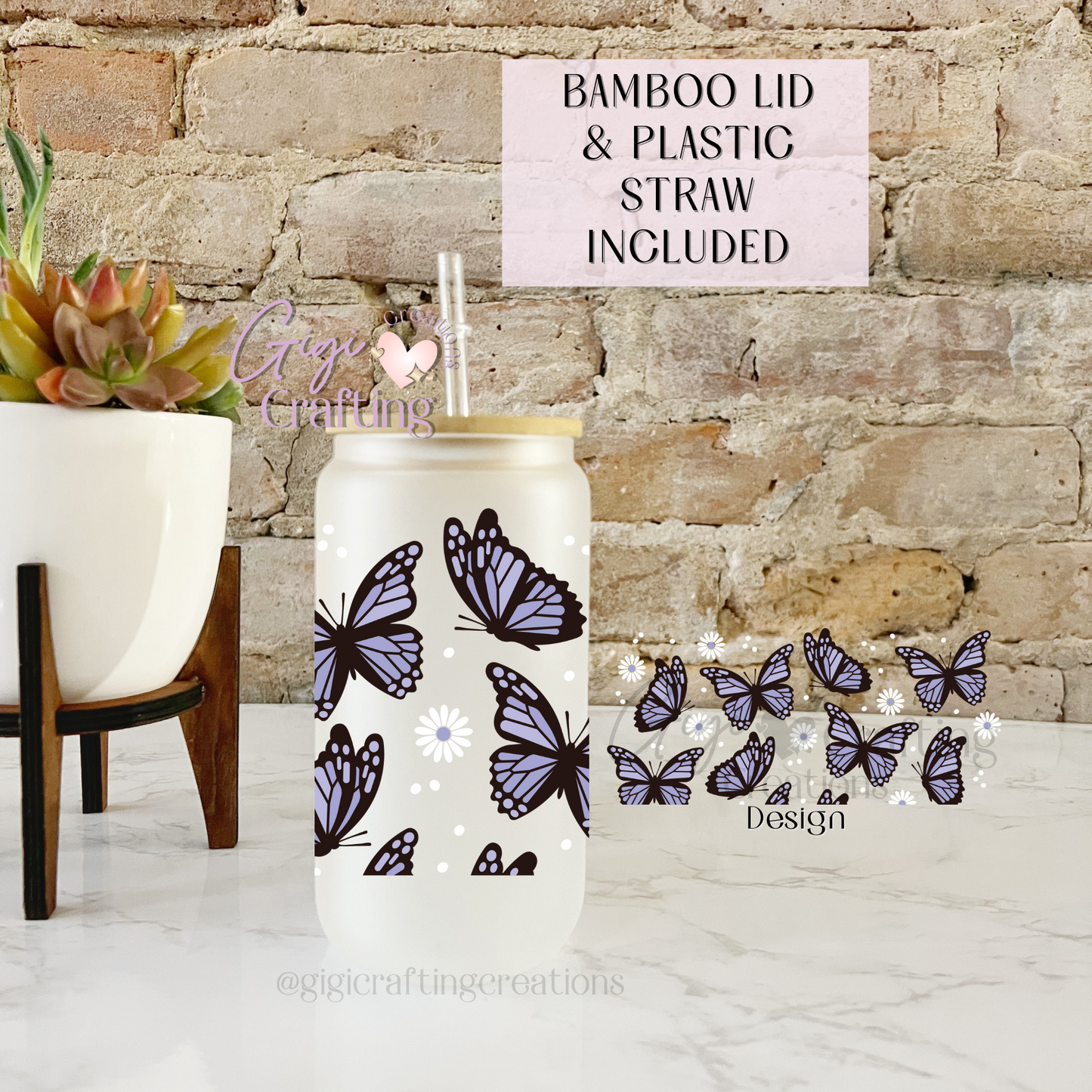 16oz Glass Cup Blue Butterfly
