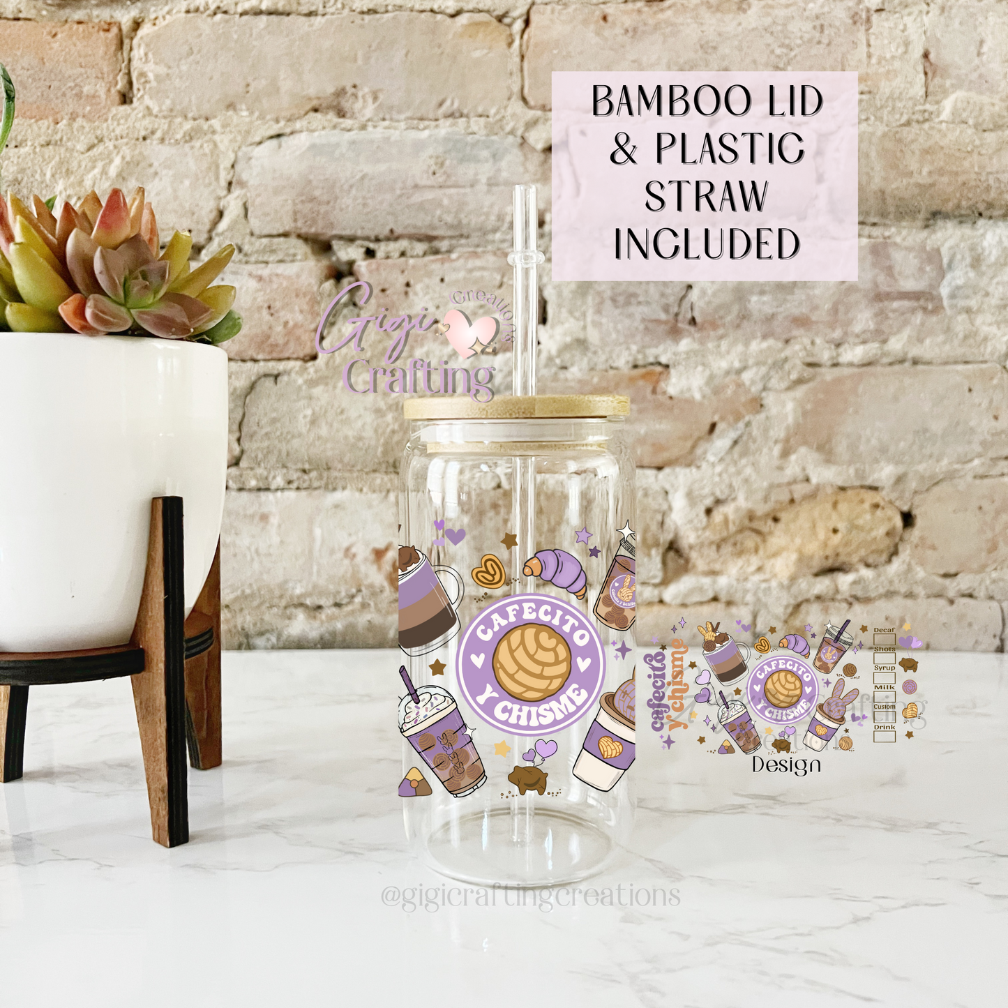 16oz Glass Cup Cafecito y Chisme Lilac