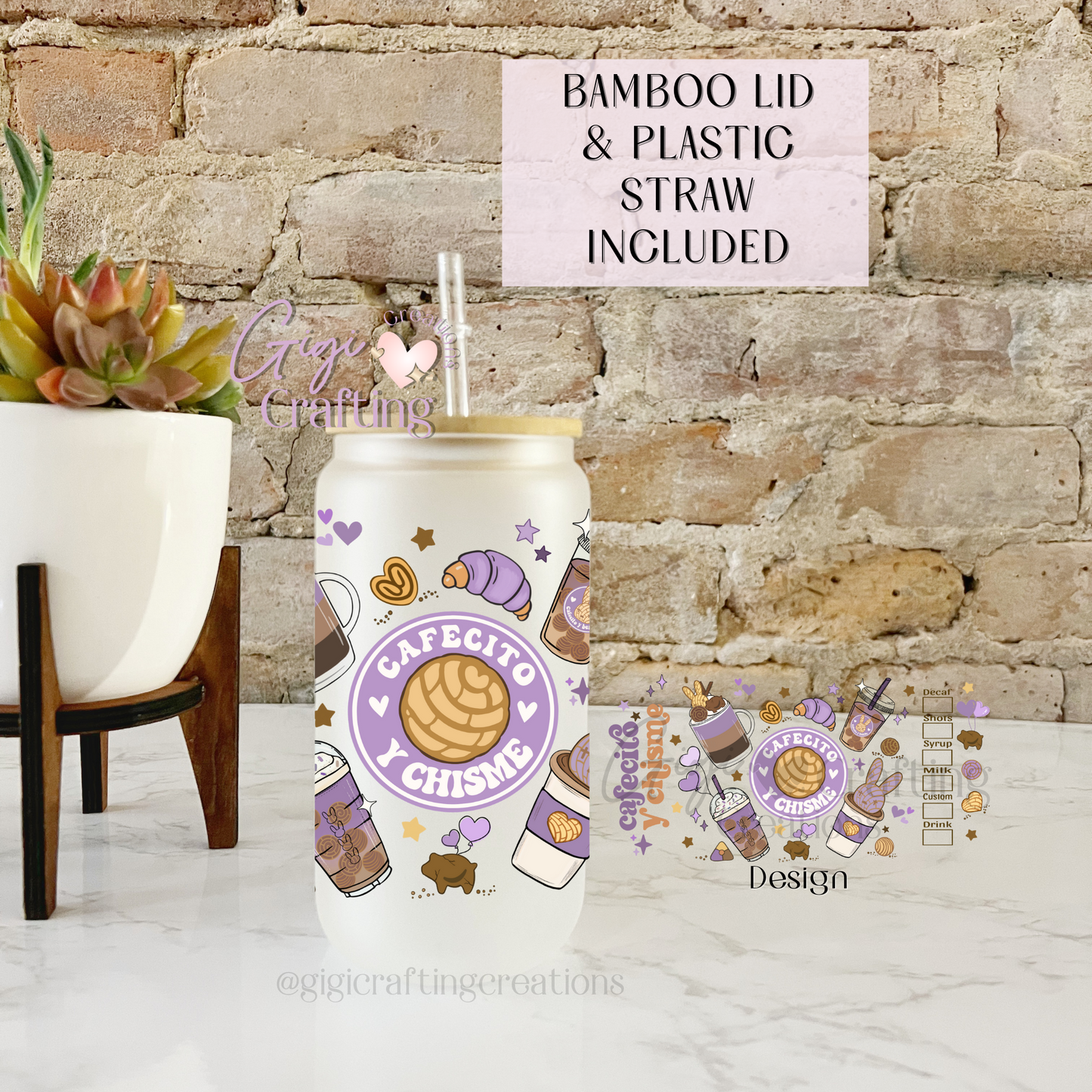 16oz Glass Cup Cafecito y Chisme Lilac
