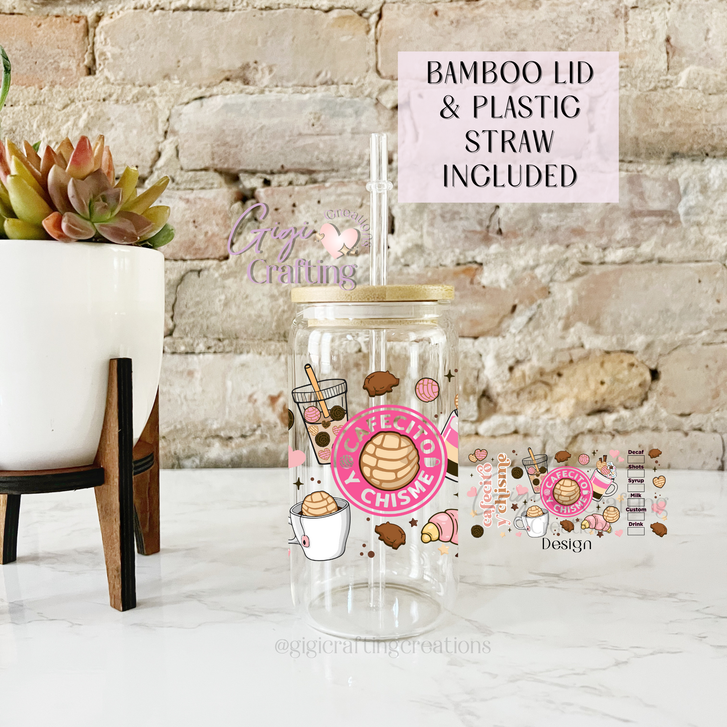 16oz Glass Cup Cafecito y Chisme Pink