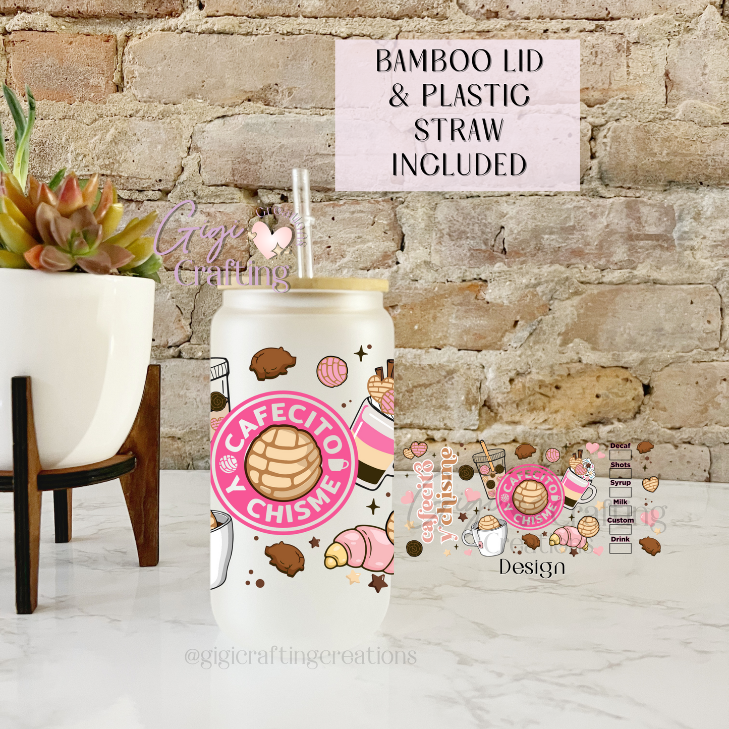 16oz Glass Cup Cafecito y Chisme Pink
