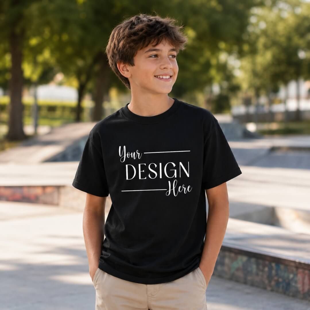 Youth model wearing Gildan Youth Heavy Cotton T-Shirt in Black lifestyle mockup