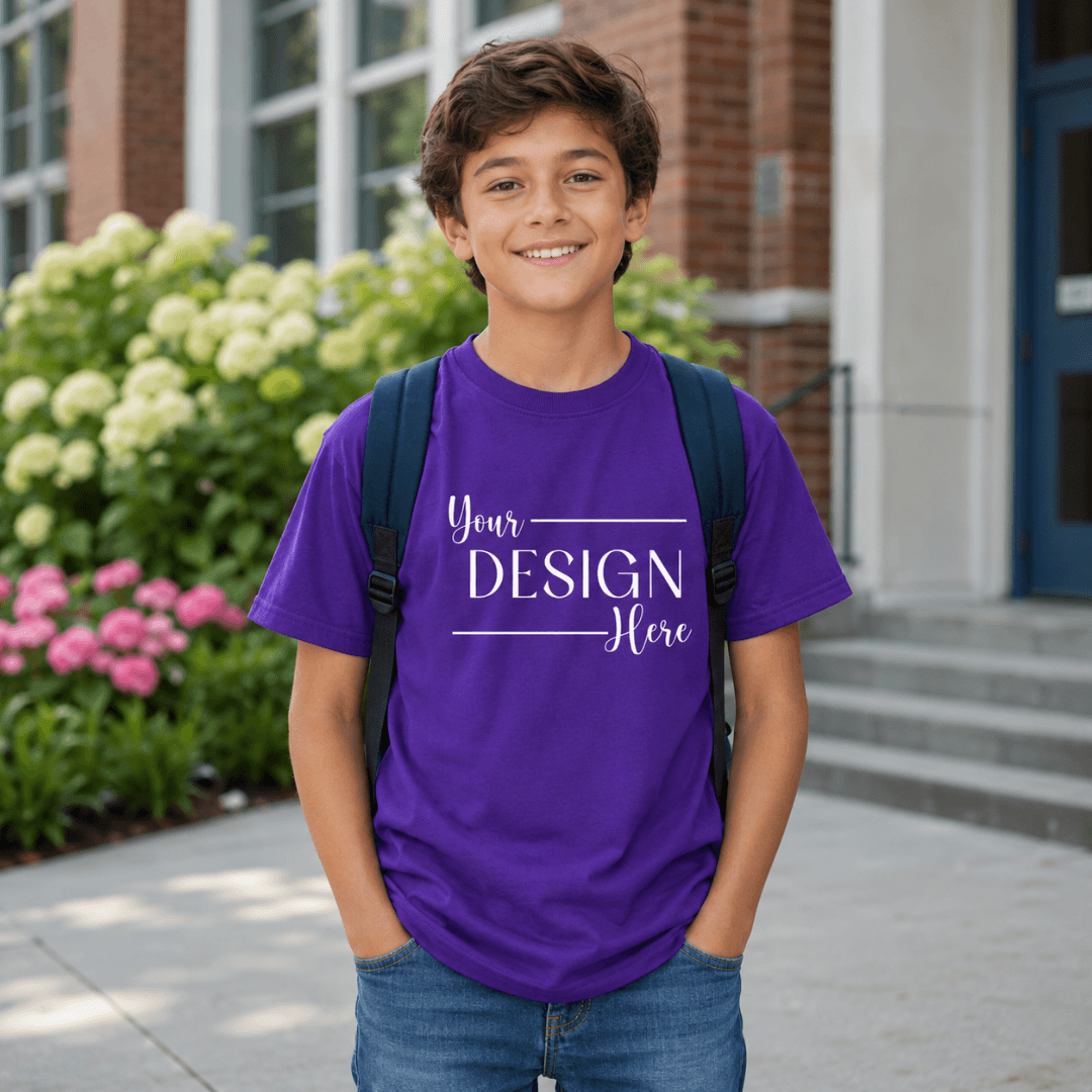 Youth model wearing Gildan Youth Ultra Cotton T-Shirt in Purple lifestyle mockup