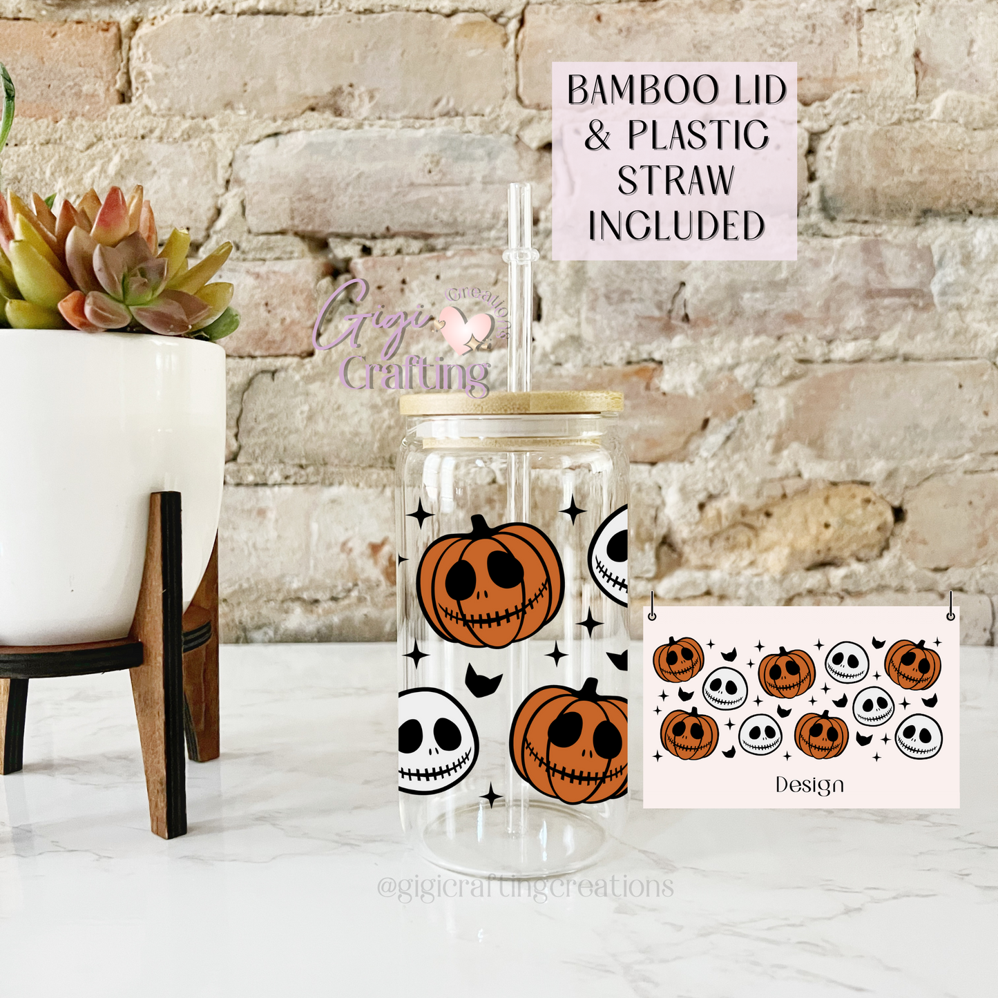 16oz Glass Cup Grim Pumpkin & Faces Halloween