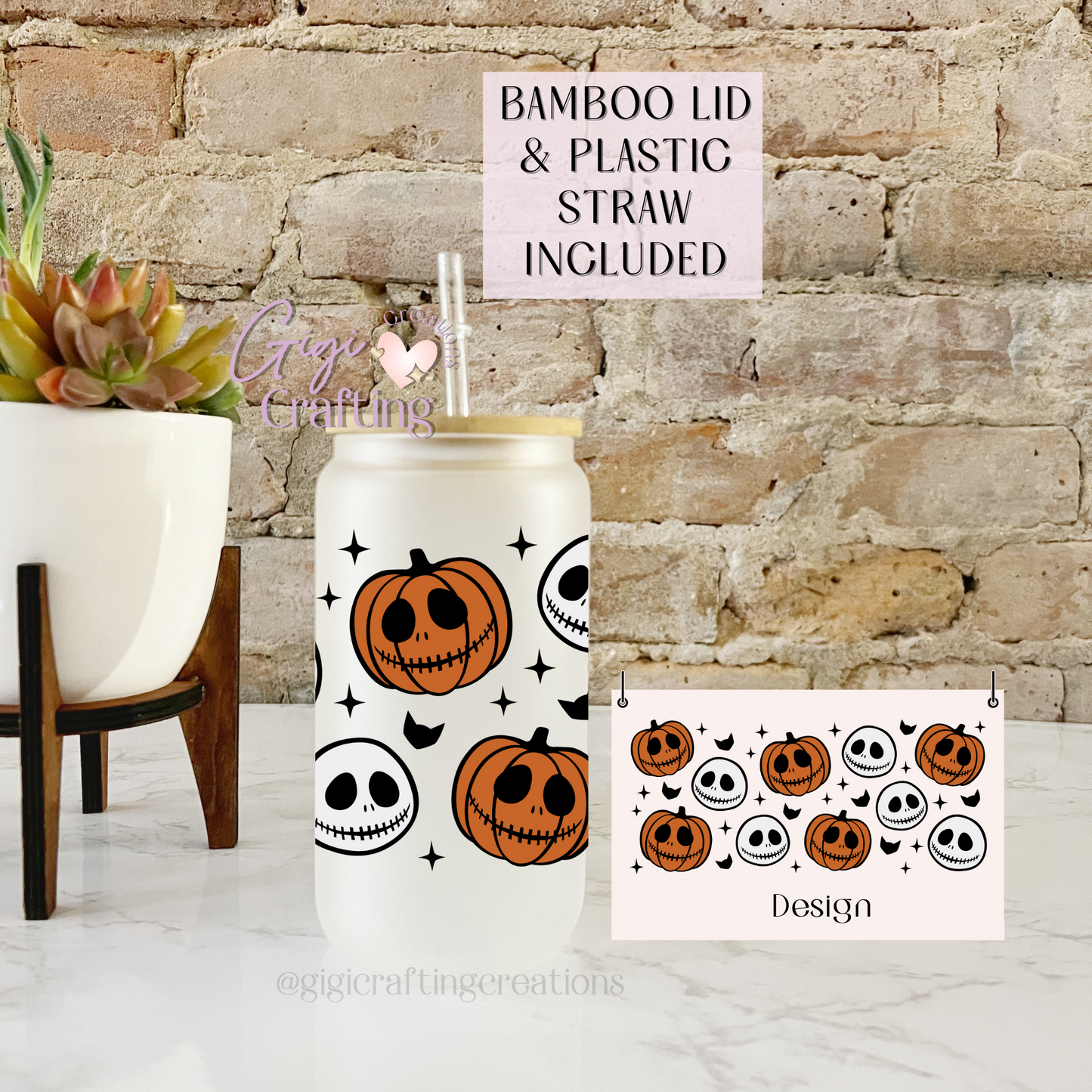 16oz Glass Cup Grim Pumpkin & Faces Halloween