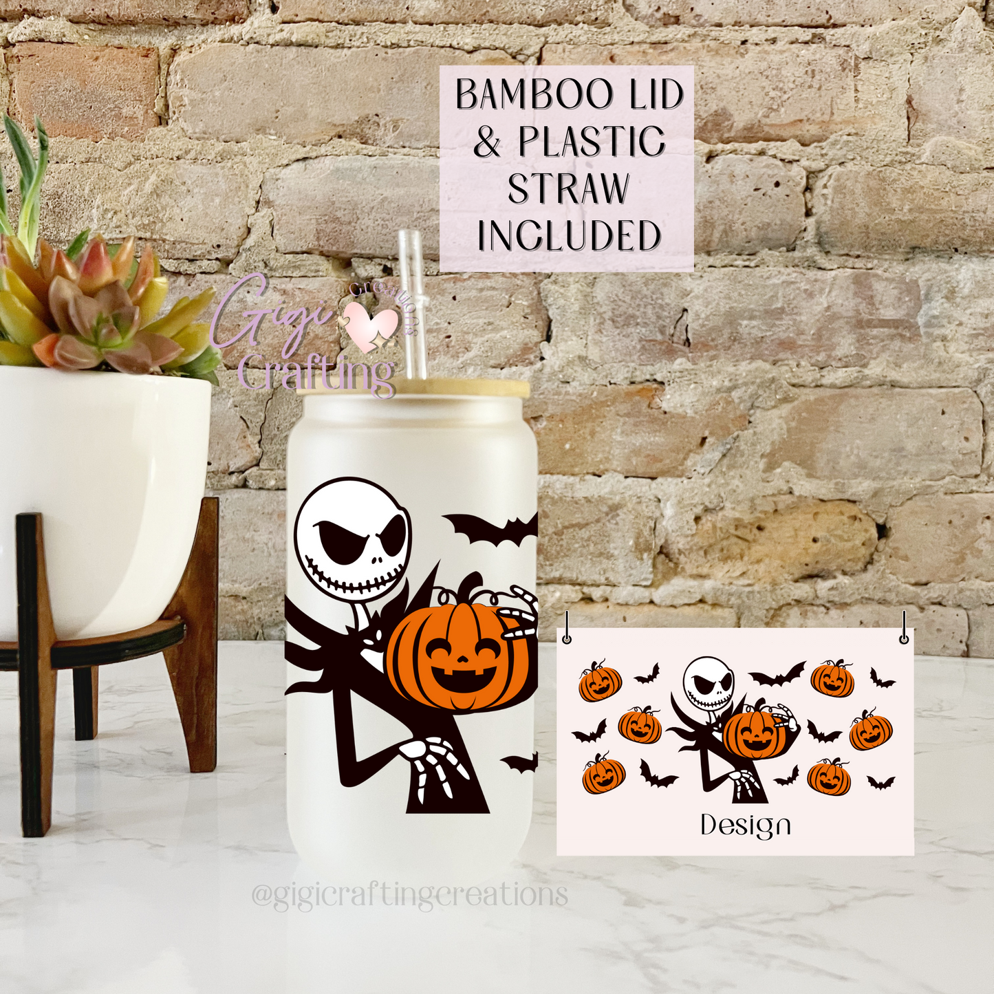 16oz Glass Cup Horror Skeleton Pumpkin Halloween