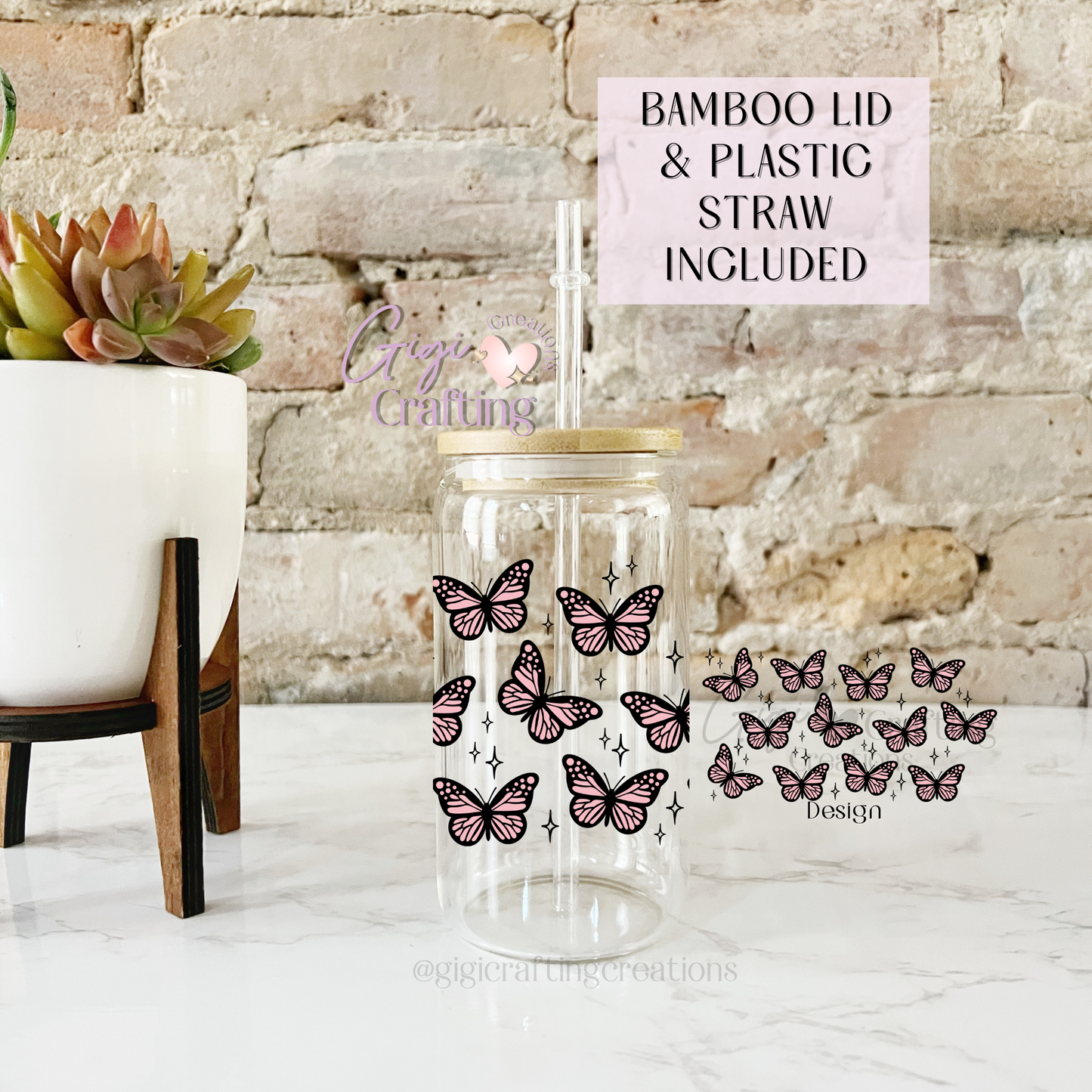 16oz Glass Cup Pink Butterfly