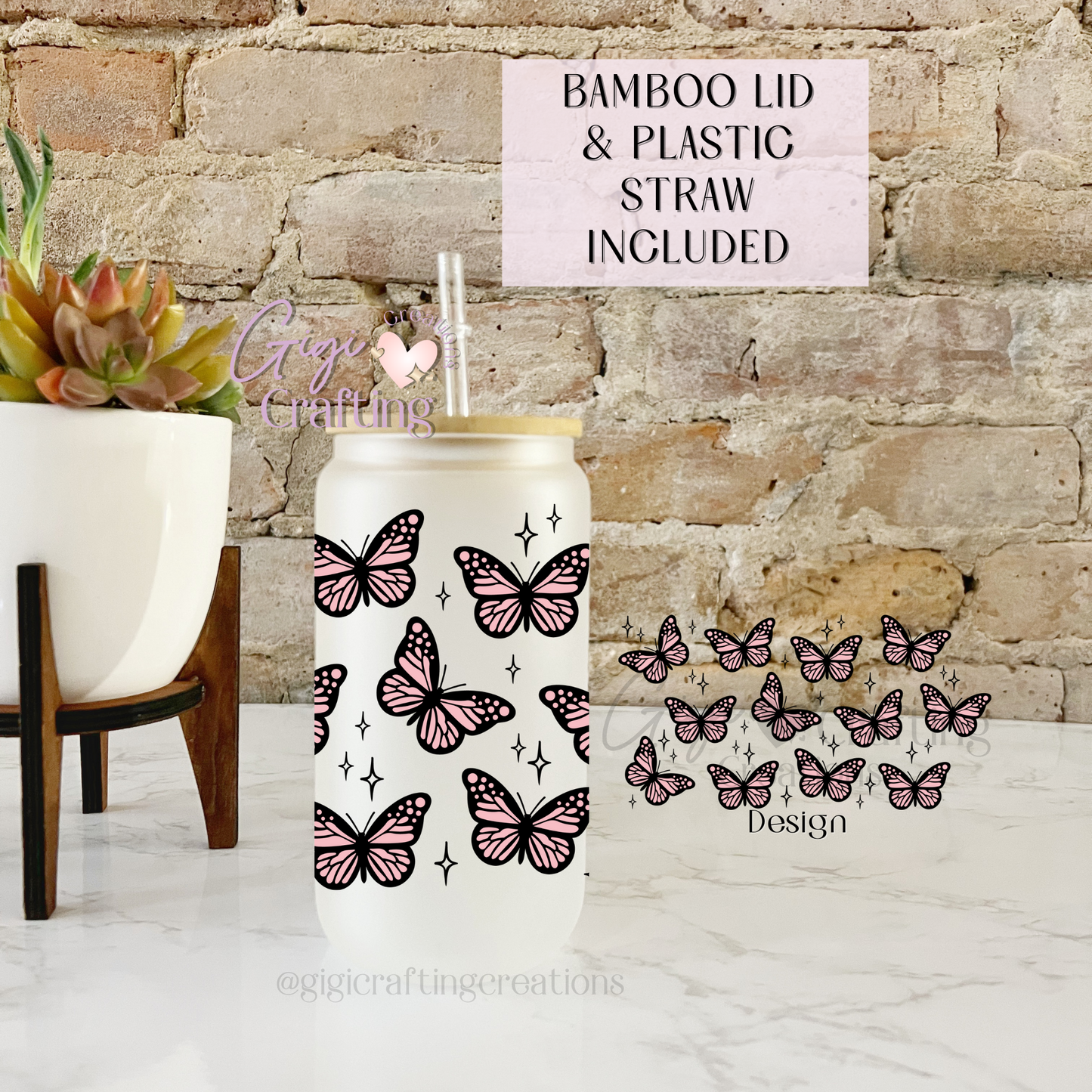 16oz Glass Cup Pink Butterfly