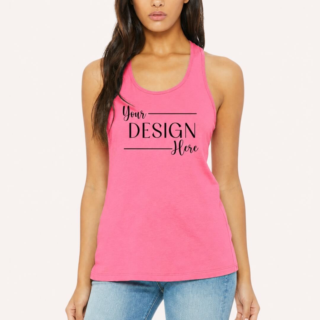 Bella + Canvas Women's Racerback Tank Top charity pink front mockup with female model wearing Your Design Here apparel