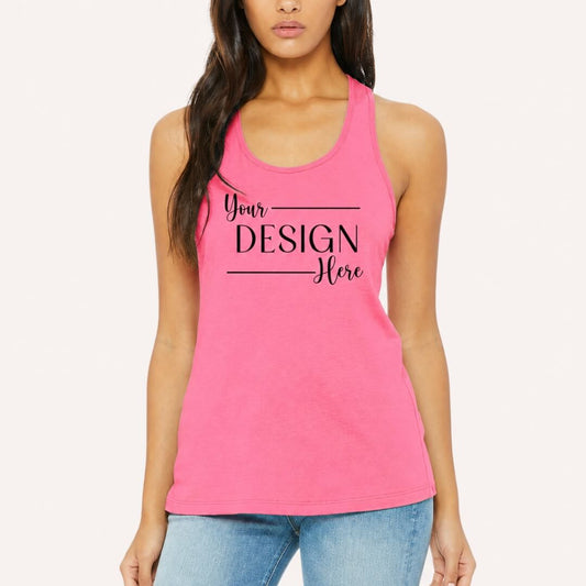 Bella + Canvas Women's Racerback Tank Top charity pink front mockup with female model wearing Your Design Here apparel