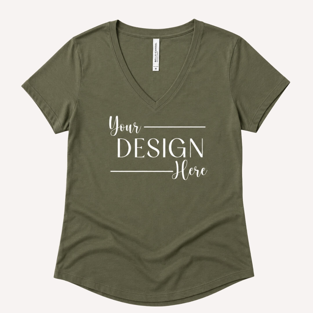 Flat lay of Bella + Canvas Womens' Relaxed Jersey V-Neck T-Shirt military green with Your Design Here on plain background