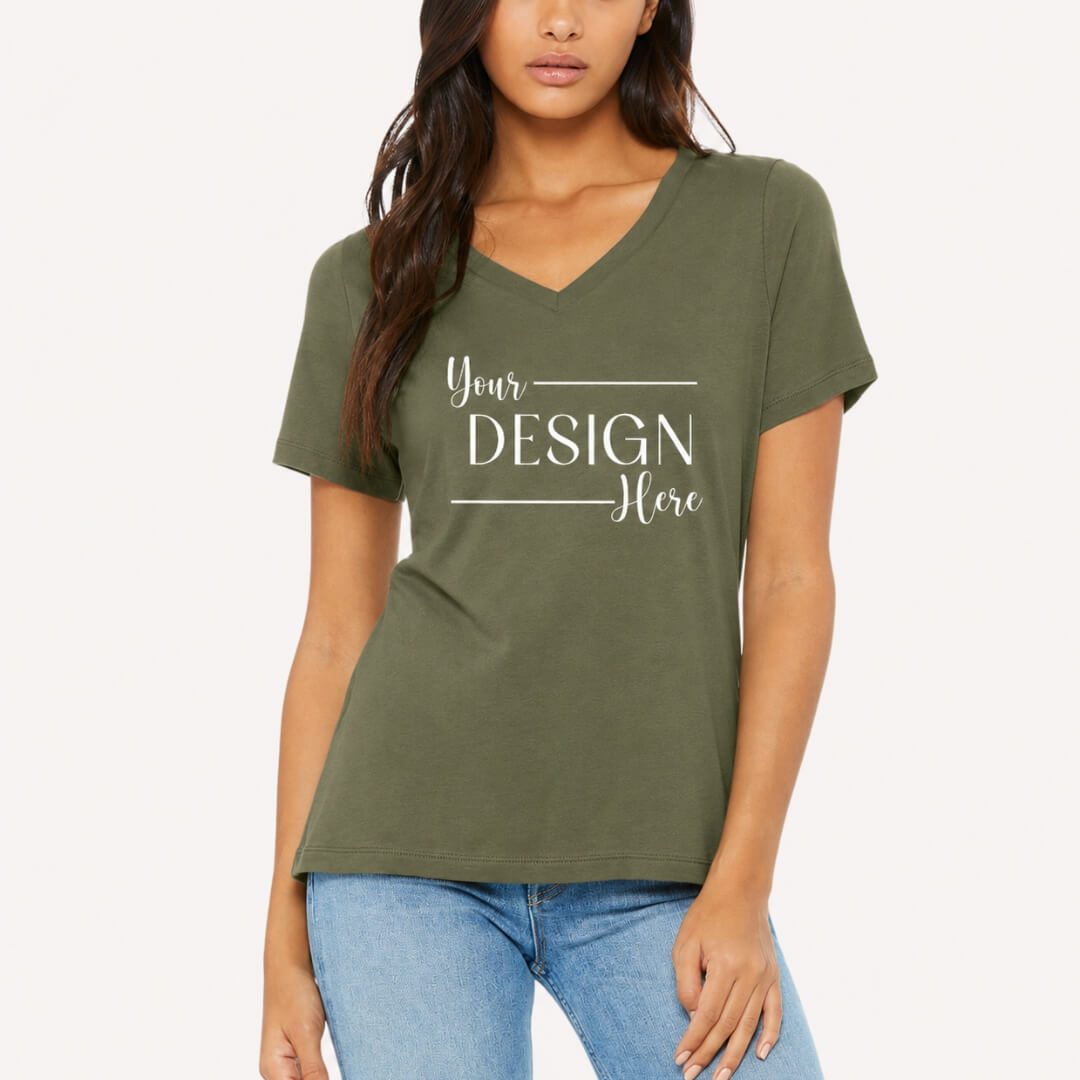 Bella + Canvas Womens' Relaxed Jersey V-Neck T-Shirt military green front mockup with female model wearing Your Design Here apparel