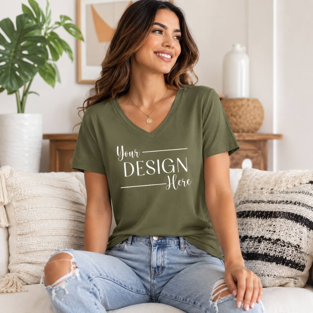 Lifestyle mockup of Bella + Canvas Womens' Relaxed Jersey V-Neck T-Shirt military green worn by woman in cozy indoor setting