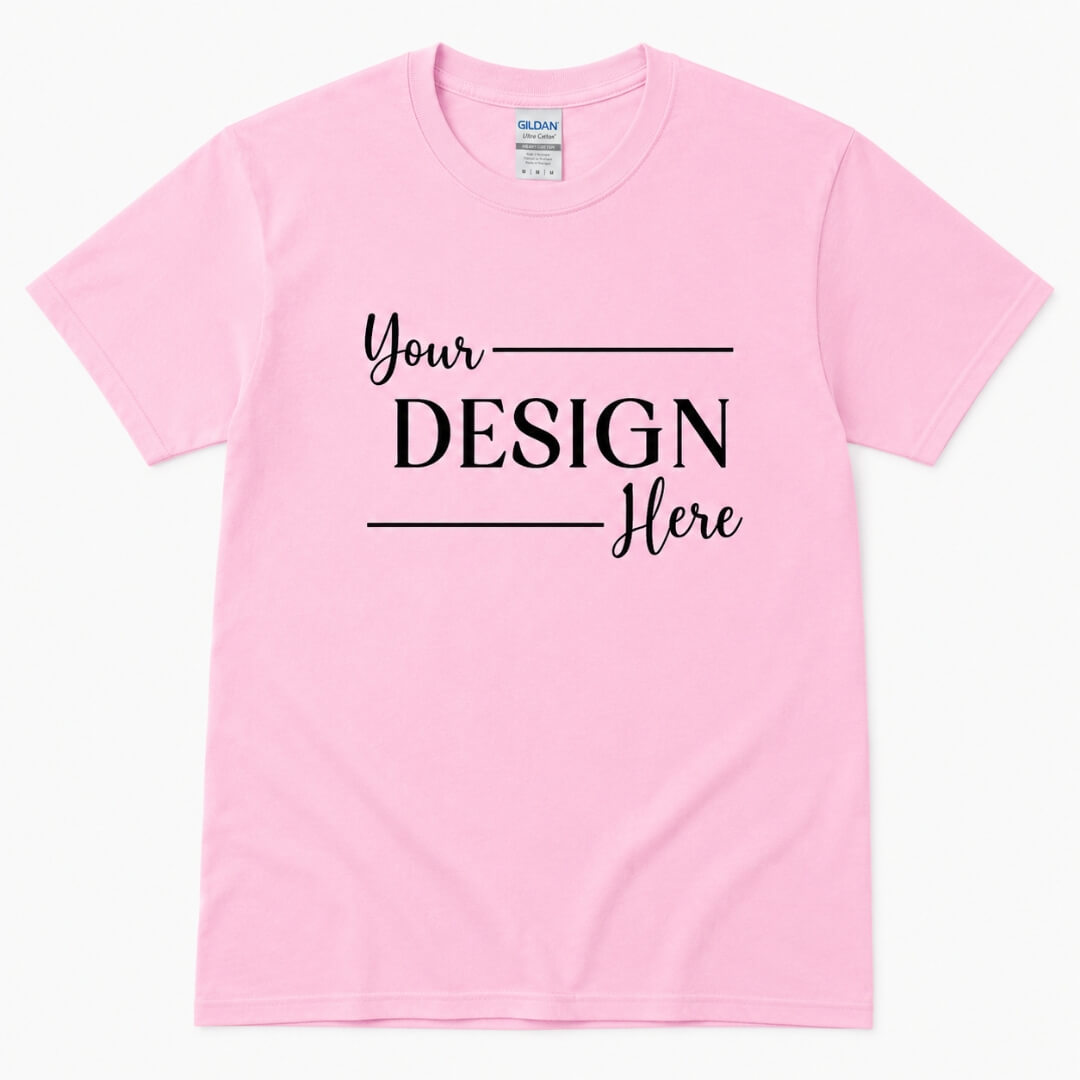 Flat lay of Womens' Ultra Cotton T-Shirt - Gildan Light Pink with Your Design Here on plain background
