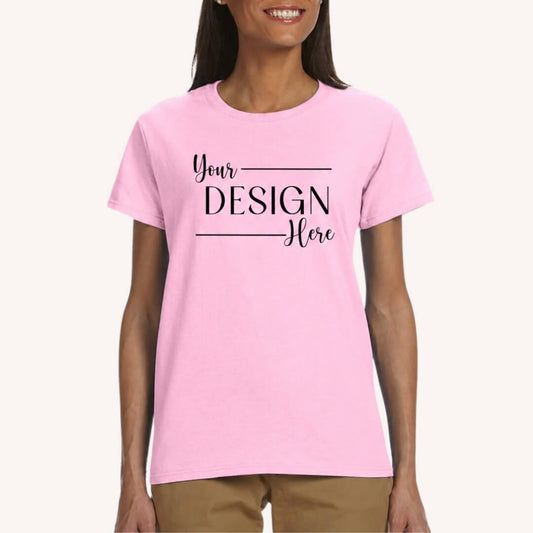 Womens' Ultra Cotton T-Shirt - Gildan Light Pink front mockup with female model wearing blank pastel pink tee with Your Design Here