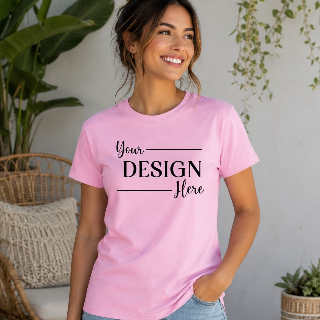 Lifestyle mockup of Womens' Ultra Cotton T-Shirt - Gildan Light Pink worn by woman in cozy aesthetic setting