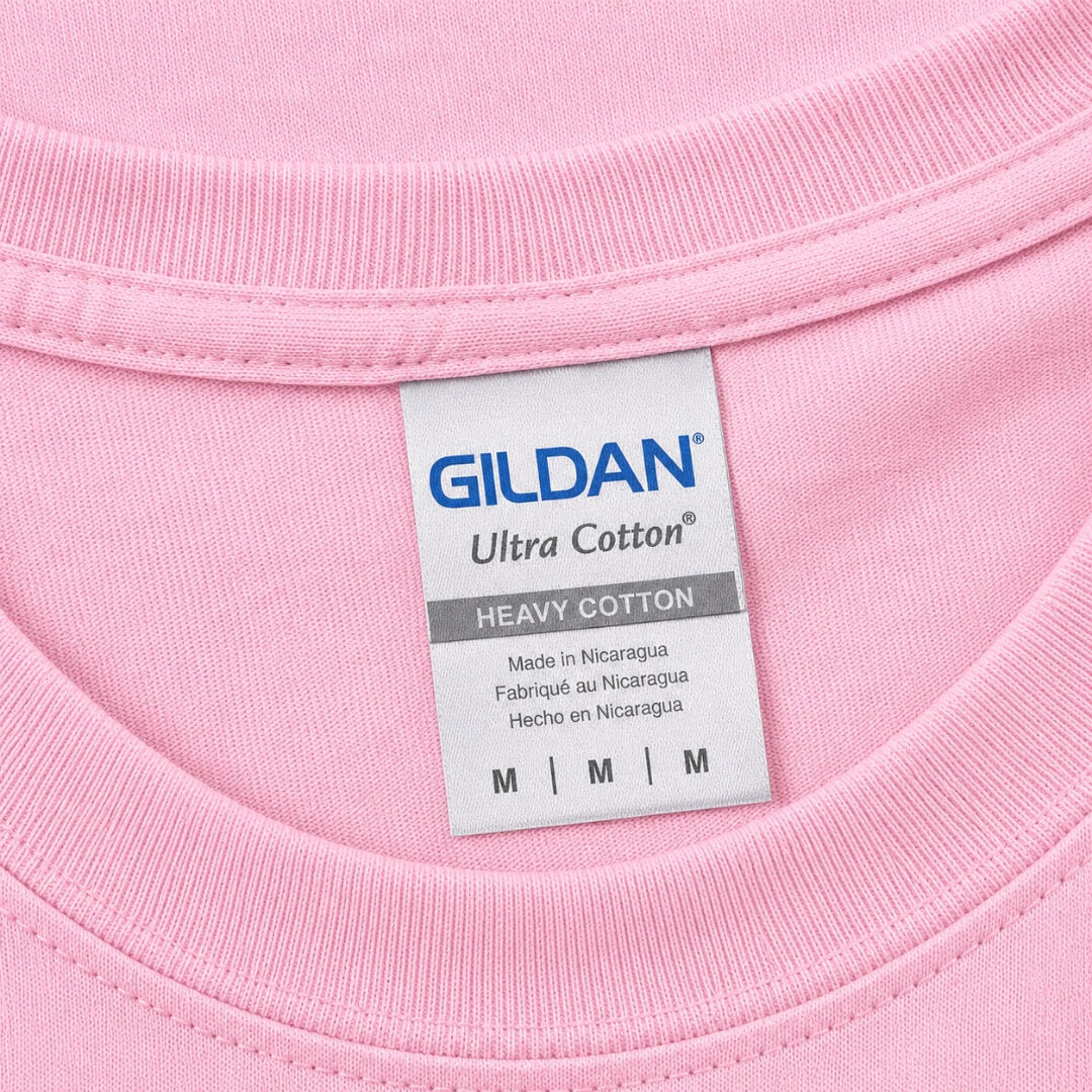 Close up of Womens' Ultra Cotton T-Shirt - Gildan Light Pink Gildan Ultra Cotton neck tag and fabric detail