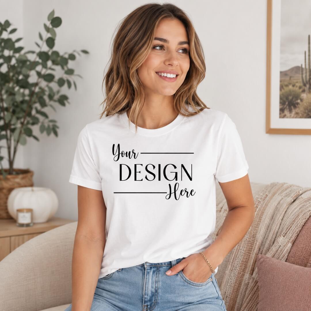 Model wearing Bella + Canvas Jersey T-Shirt Unisex in White lifestyle mockup