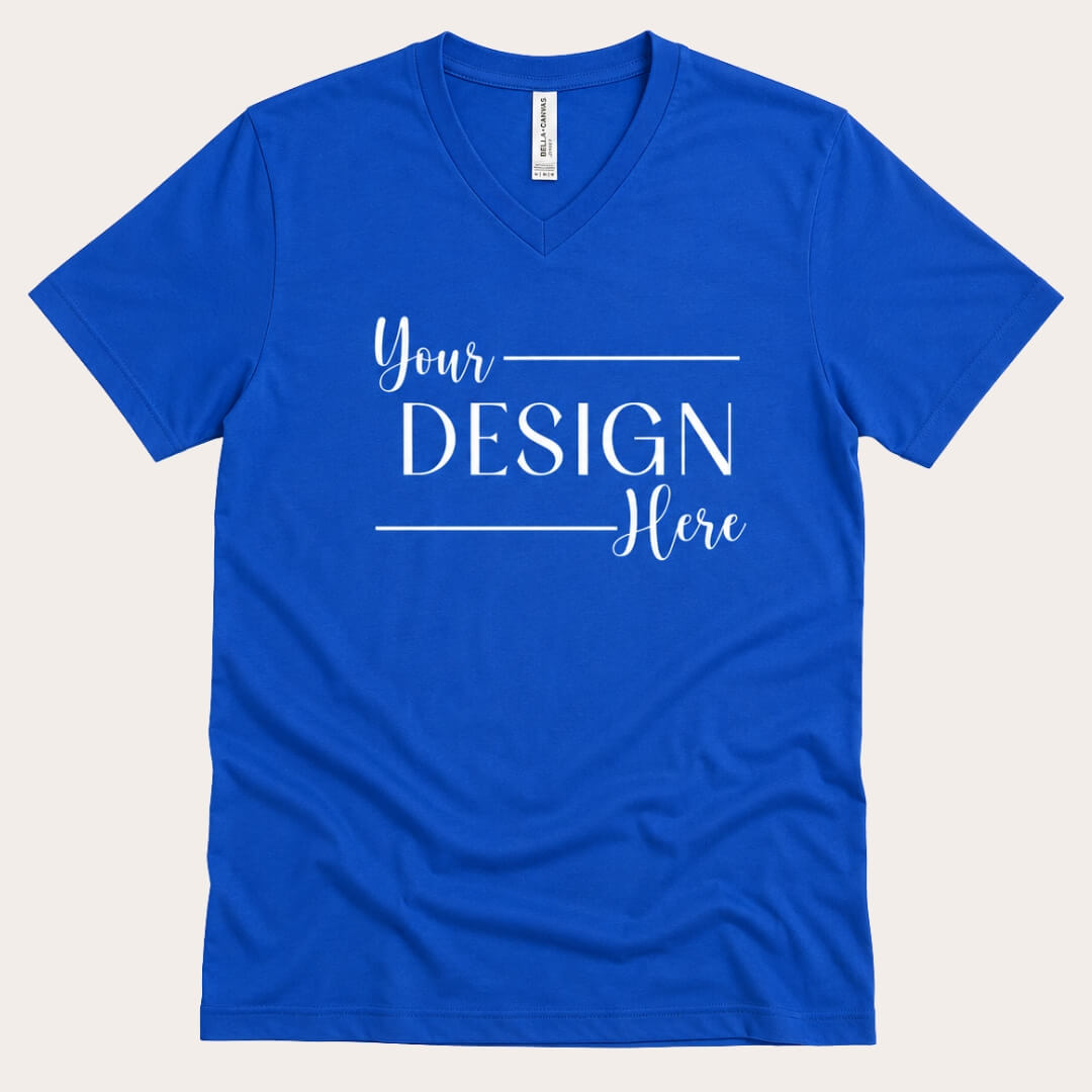 Bella + Canvas Jersey Short-Sleeve V-Neck T-Shirt Unisex in True Royal flat lay mockup