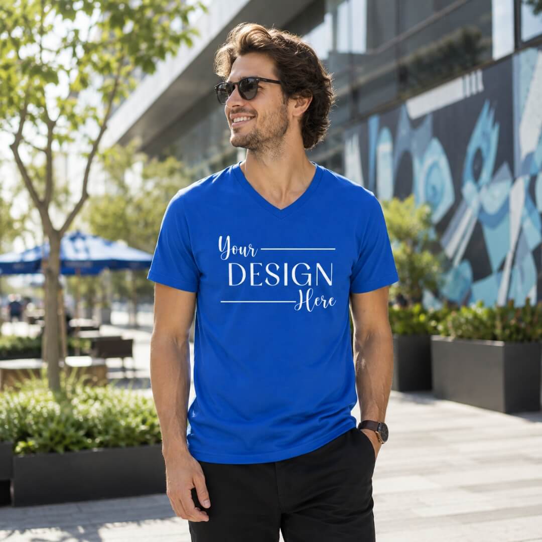 Model wearing Bella + Canvas Jersey Short-Sleeve V-Neck T-Shirt Unisex in True Royal lifestyle mockup