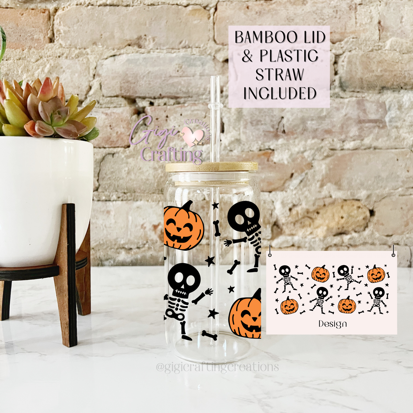 16oz Glass Cup Dancing Skeleton & Pumpkin Halloween