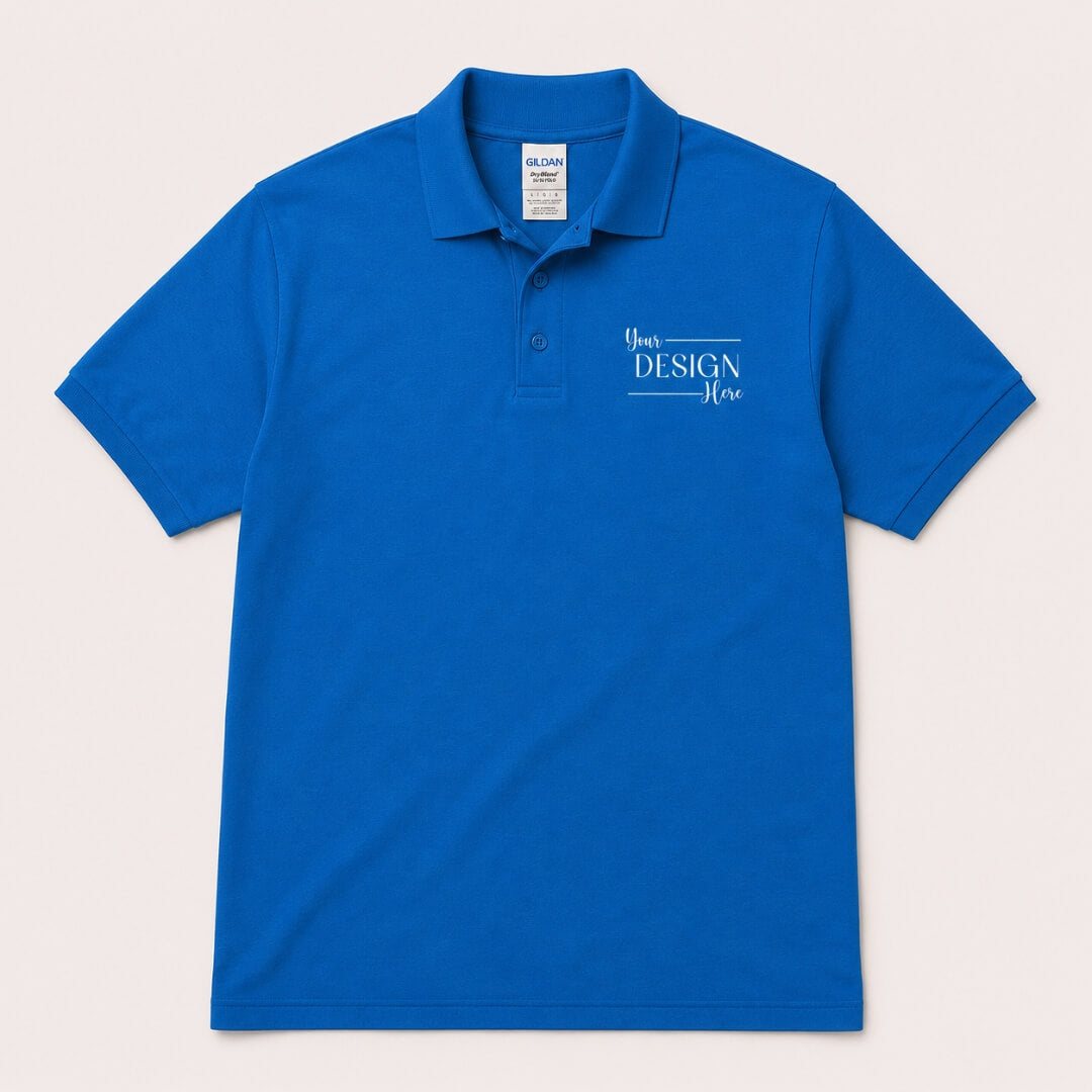 Gildan DryBlend 50/50 Jersey Polo in Sapphire flat lay mockup