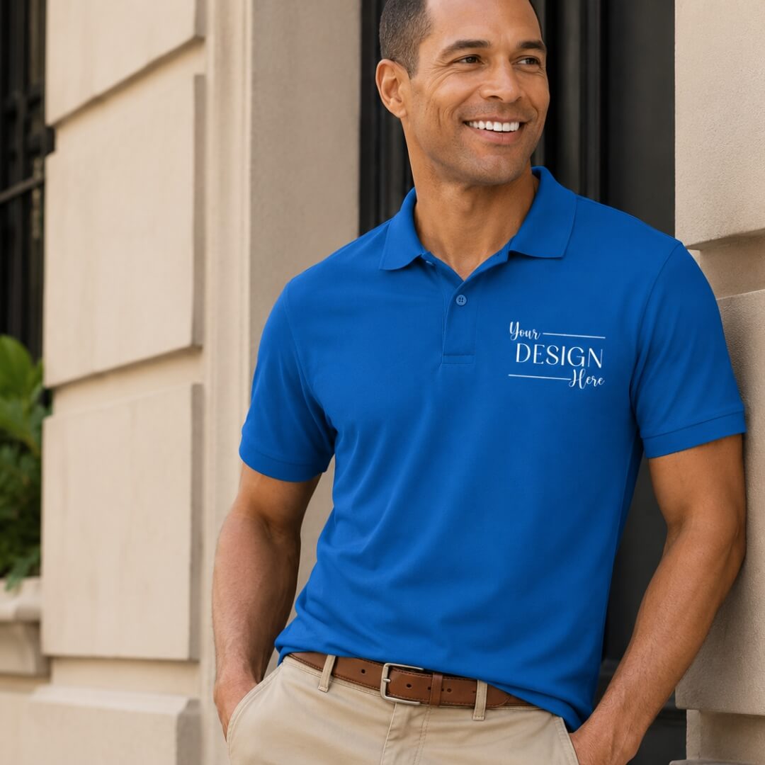 Model wearing Gildan DryBlend 50/50 Jersey Polo in Sapphire lifestyle mockup