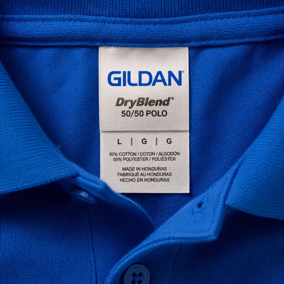 Close-up of Gildan DryBlend 50/50 Jersey Polo tag and fabric detail
