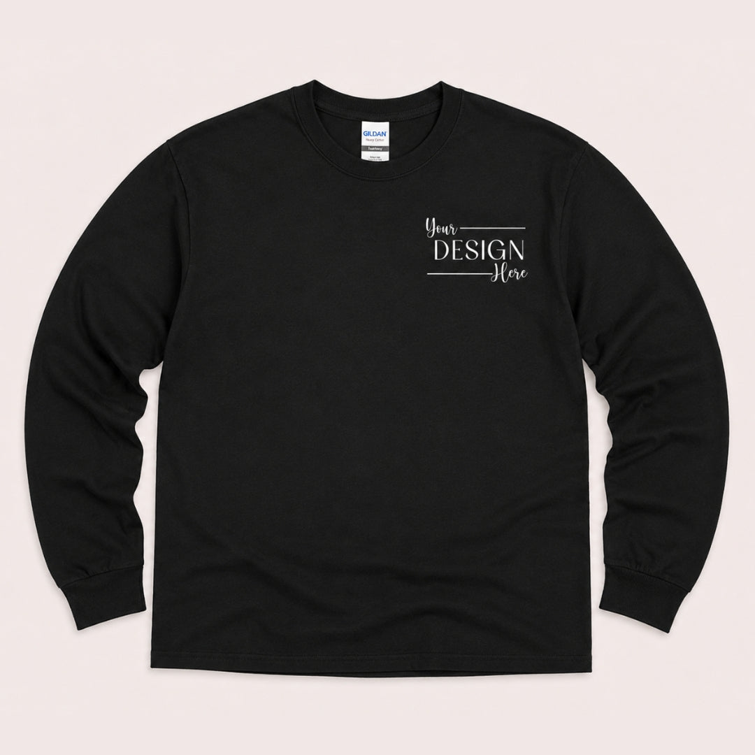 Gildan Heavy Cotton Long-Sleeve T-Shirt in Black flat lay mockup