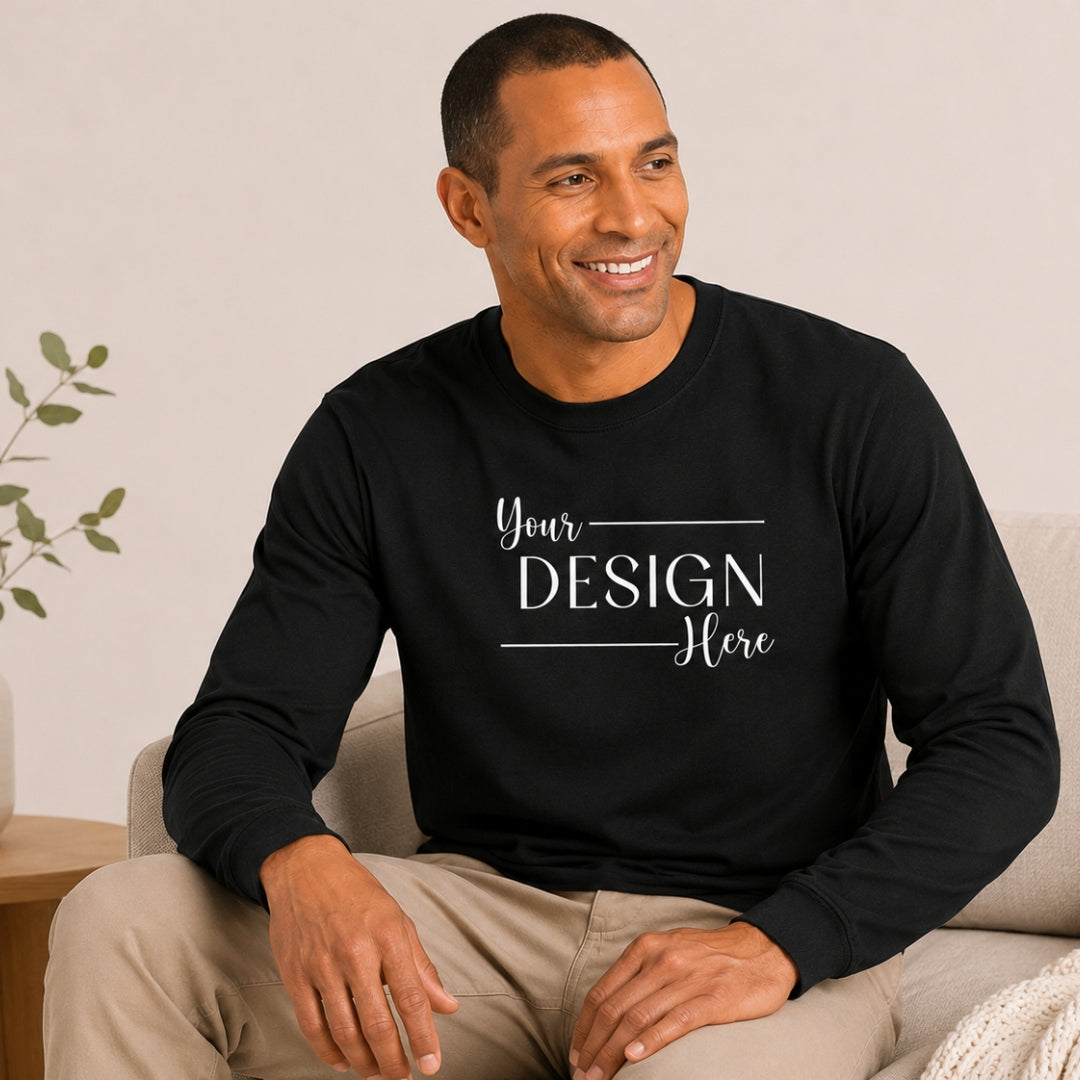 Model wearing Gildan Heavy Cotton Long-Sleeve T-Shirt in Black lifestyle mockup