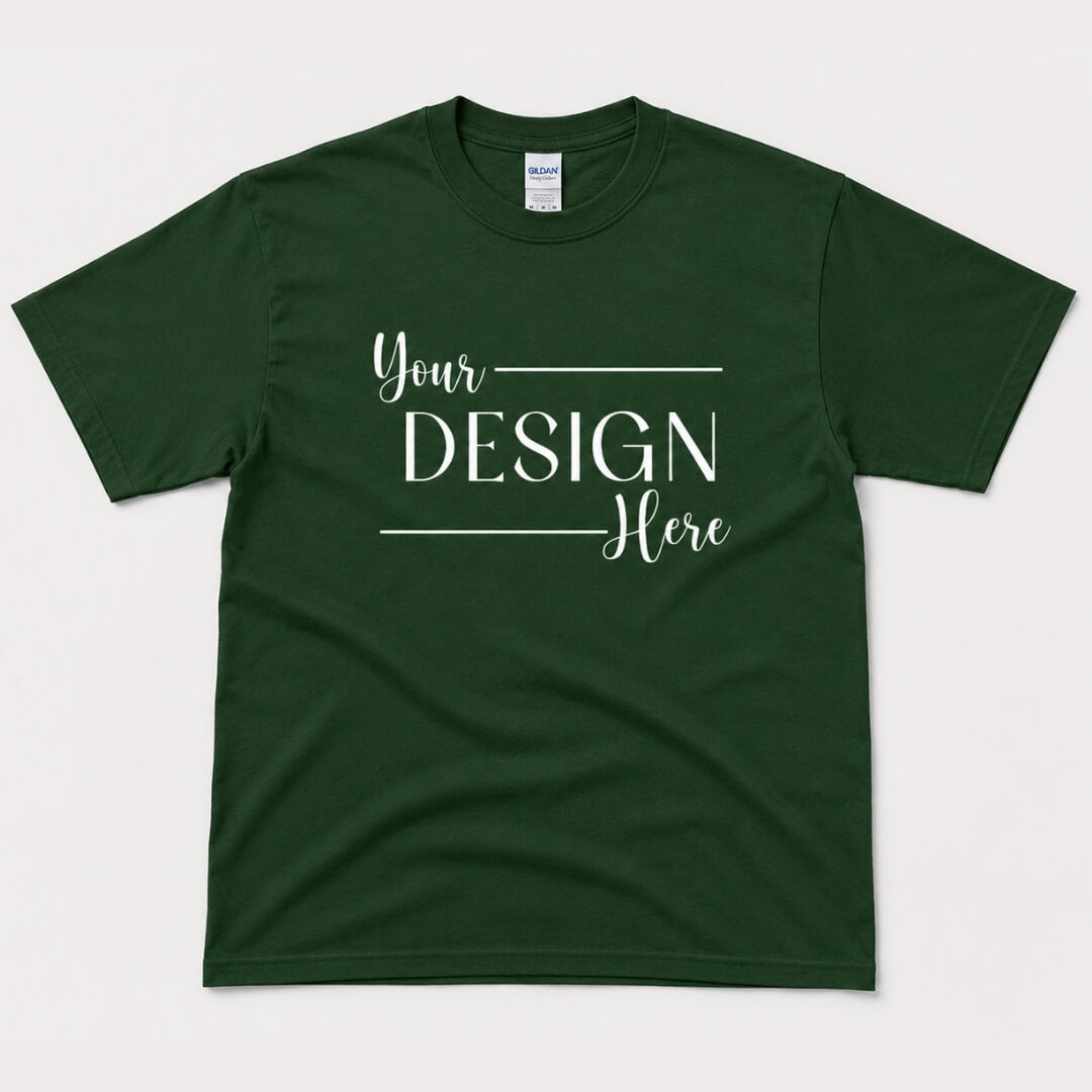 Gildan Heavy Cotton T-Shirt in Forest Green flat lay mockup