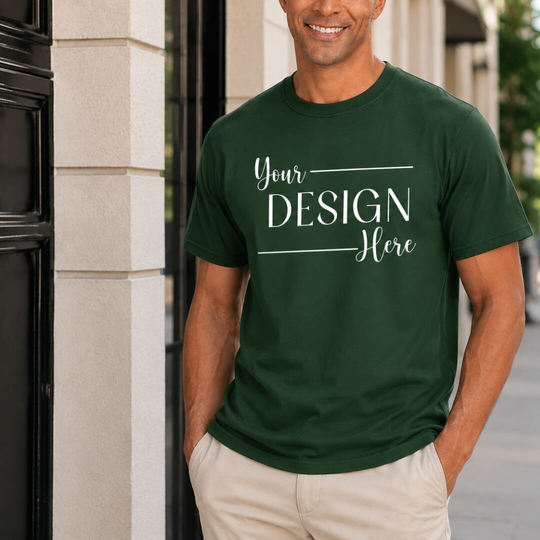 Model wearing Gildan Heavy Cotton T-Shirt in Forest Green lifestyle mockup