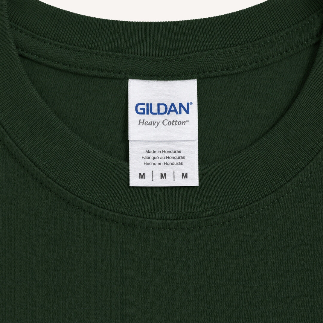 Close-up of Gildan Heavy Cotton T-Shirt tag and fabric detail