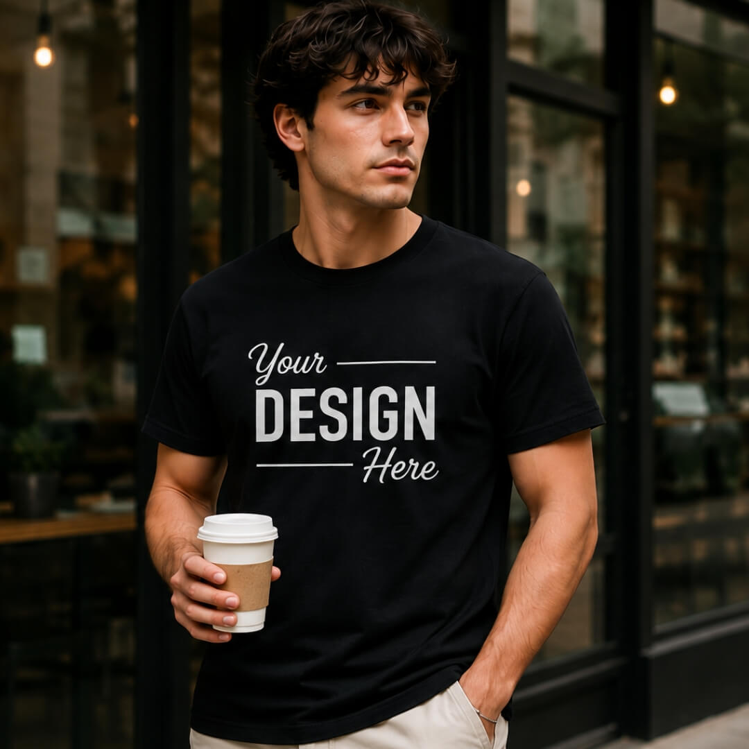 Black Gildan Softstyle custom t-shirt lifestyle mockup
