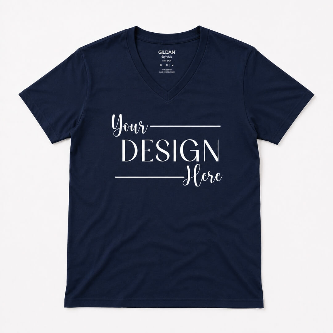 Gildan Softstyle V-Neck T-Shirt black flat lay mockup