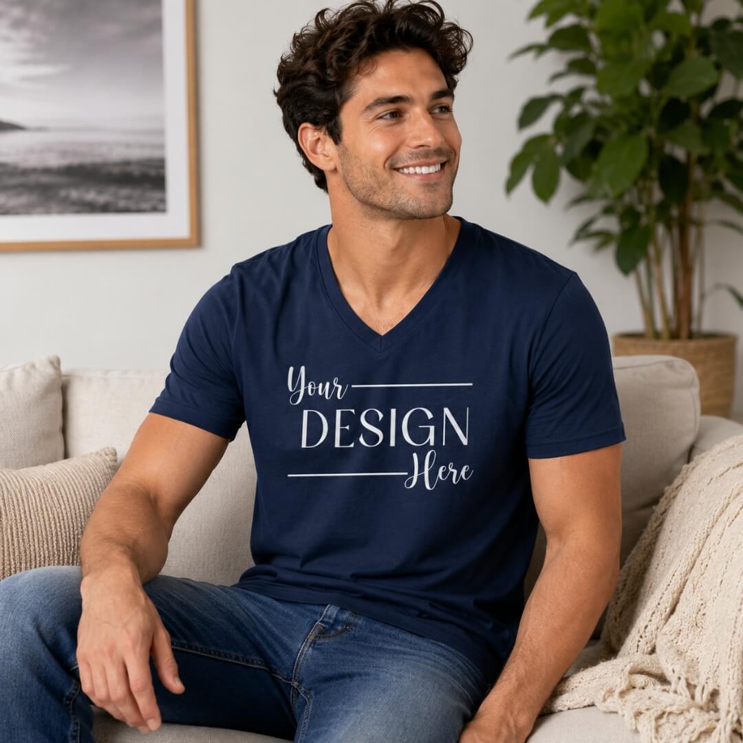 Model wearing Gildan Softstyle V-Neck T-Shirt in navy lifestyle mockup