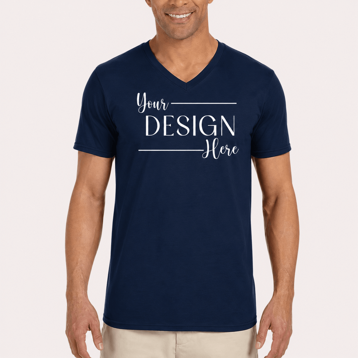 Model wearing Gildan Softstyle V-Neck T-Shirt in navy lifestyle mockup