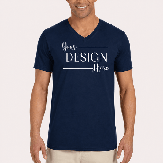 Model wearing Gildan Softstyle V-Neck T-Shirt in navy lifestyle mockup