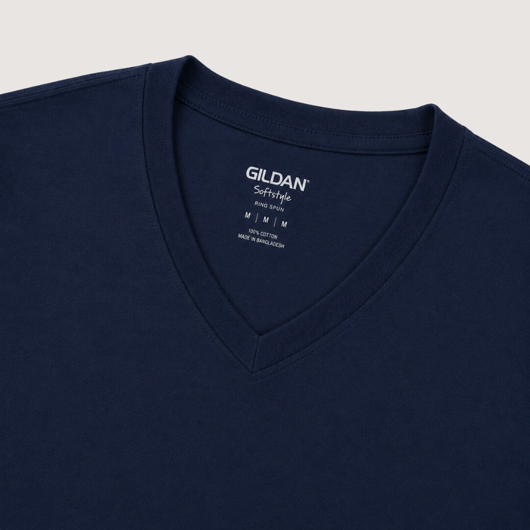 Close-up of Gildan Softstyle V-Neck T-Shirt tag and fabric detail