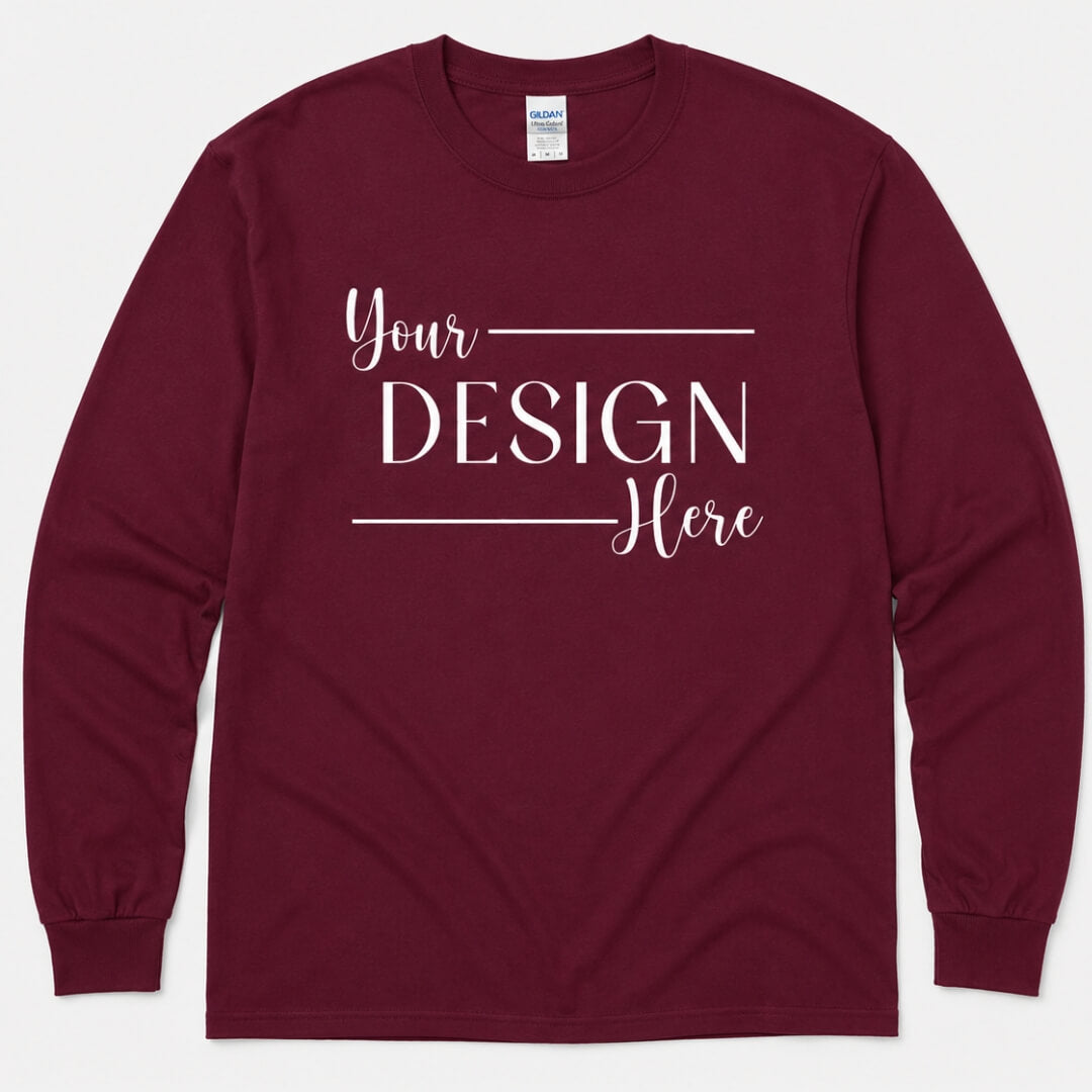 Gildan Ultra Cotton Long-Sleeve T-Shirt in Maroon flat lay mockup