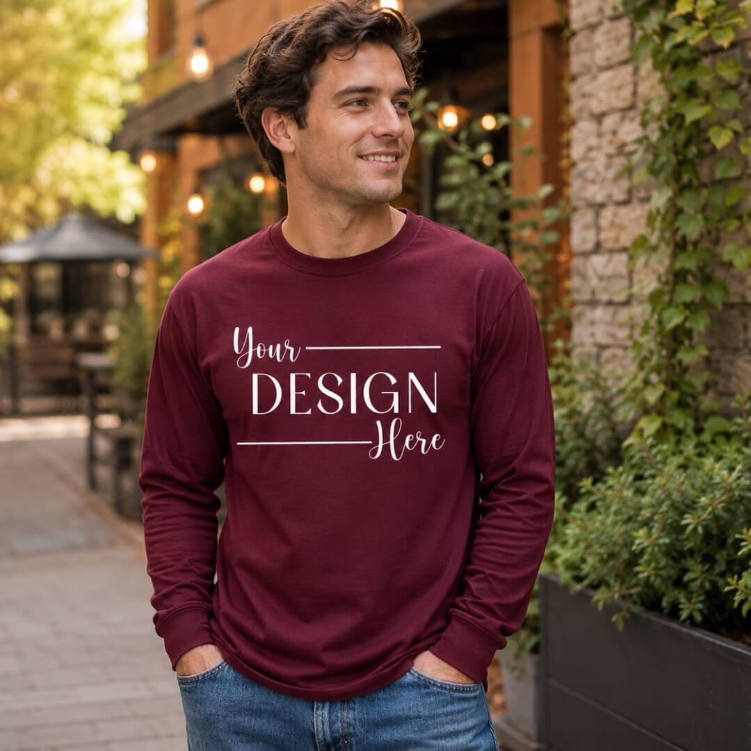 Model wearing Gildan Ultra Cotton Long-Sleeve T-Shirt in Maroon lifestyle mockup