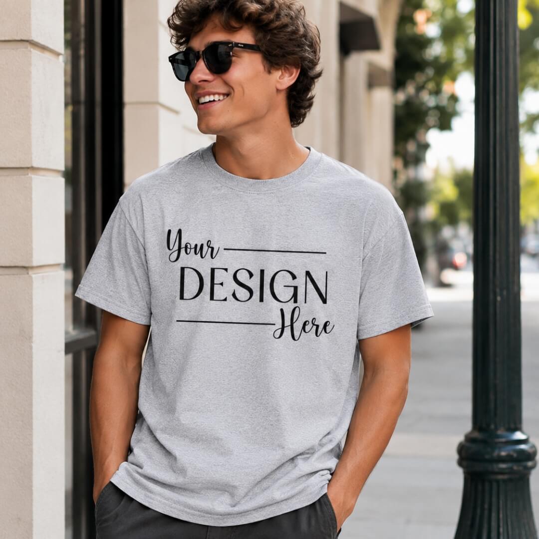 Model wearing Gildan Ultra Cotton T-Shirt in Sport Gray lifestyle mockup