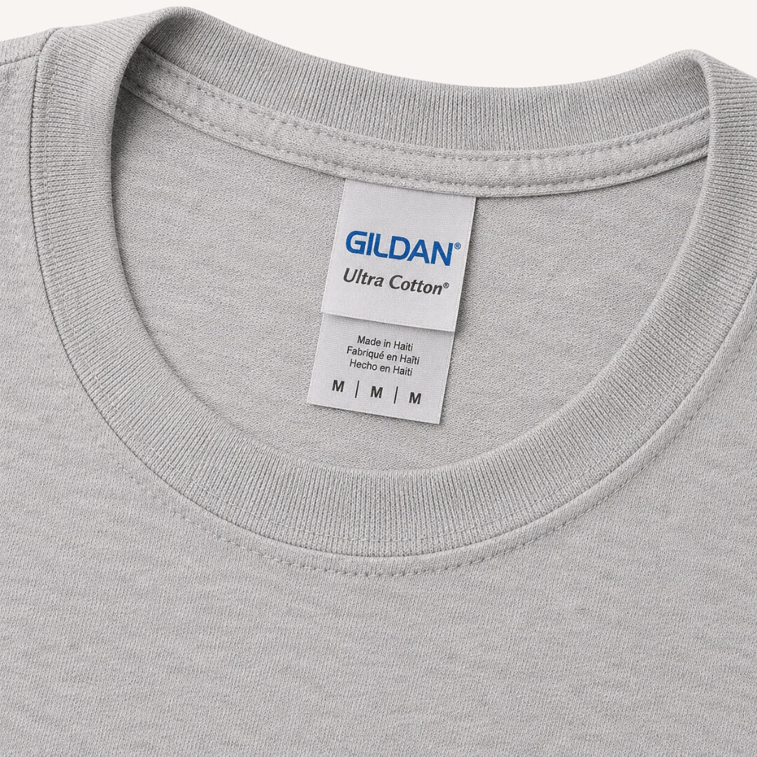 Close-up of Gildan Ultra Cotton T-Shirt tag and fabric detail