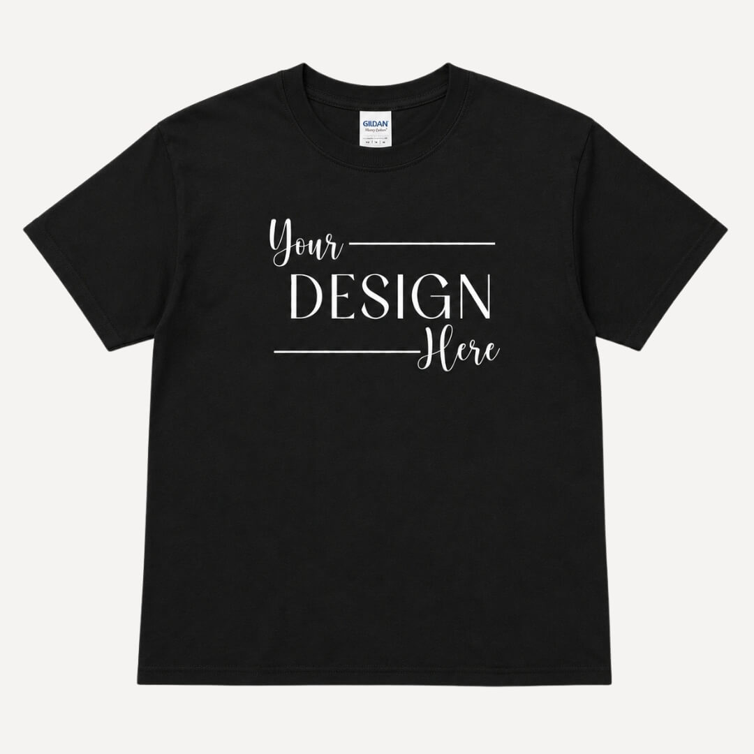 Gildan Youth Heavy Cotton T-Shirt in Black flat lay mockup