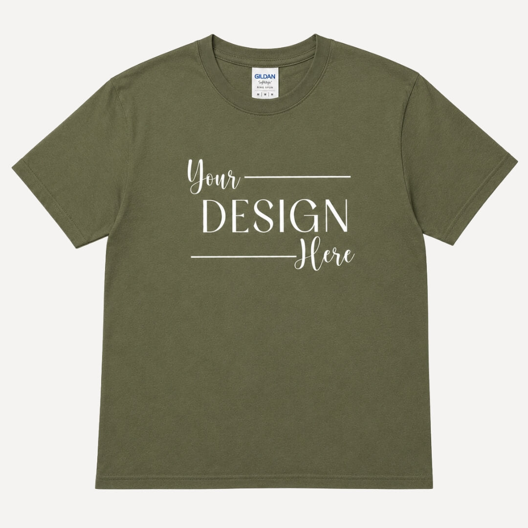 Gildan Youth Softstyle T-Shirt in Military Green flat lay mockup