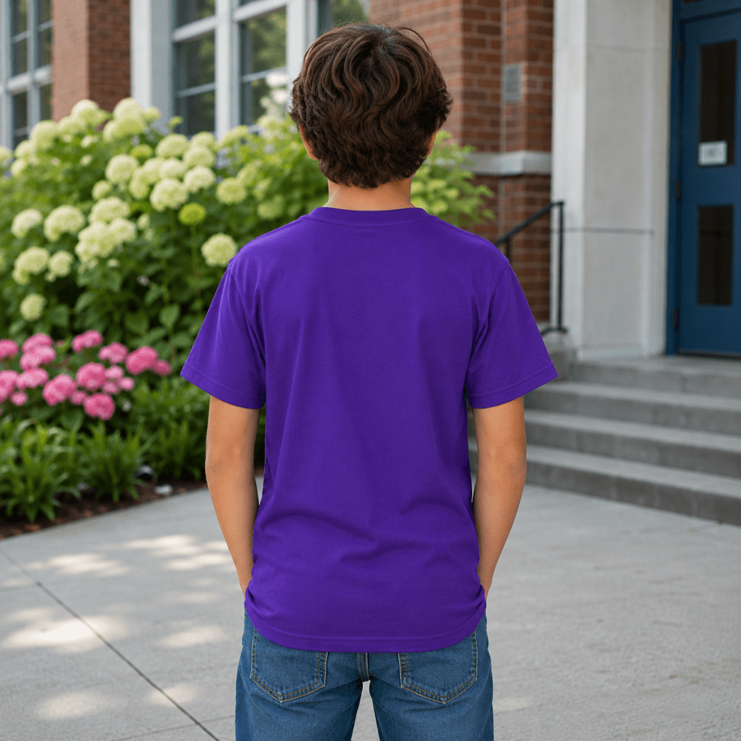Gildan Youth Ultra Cotton T-Shirt in Purple flat lay mockup