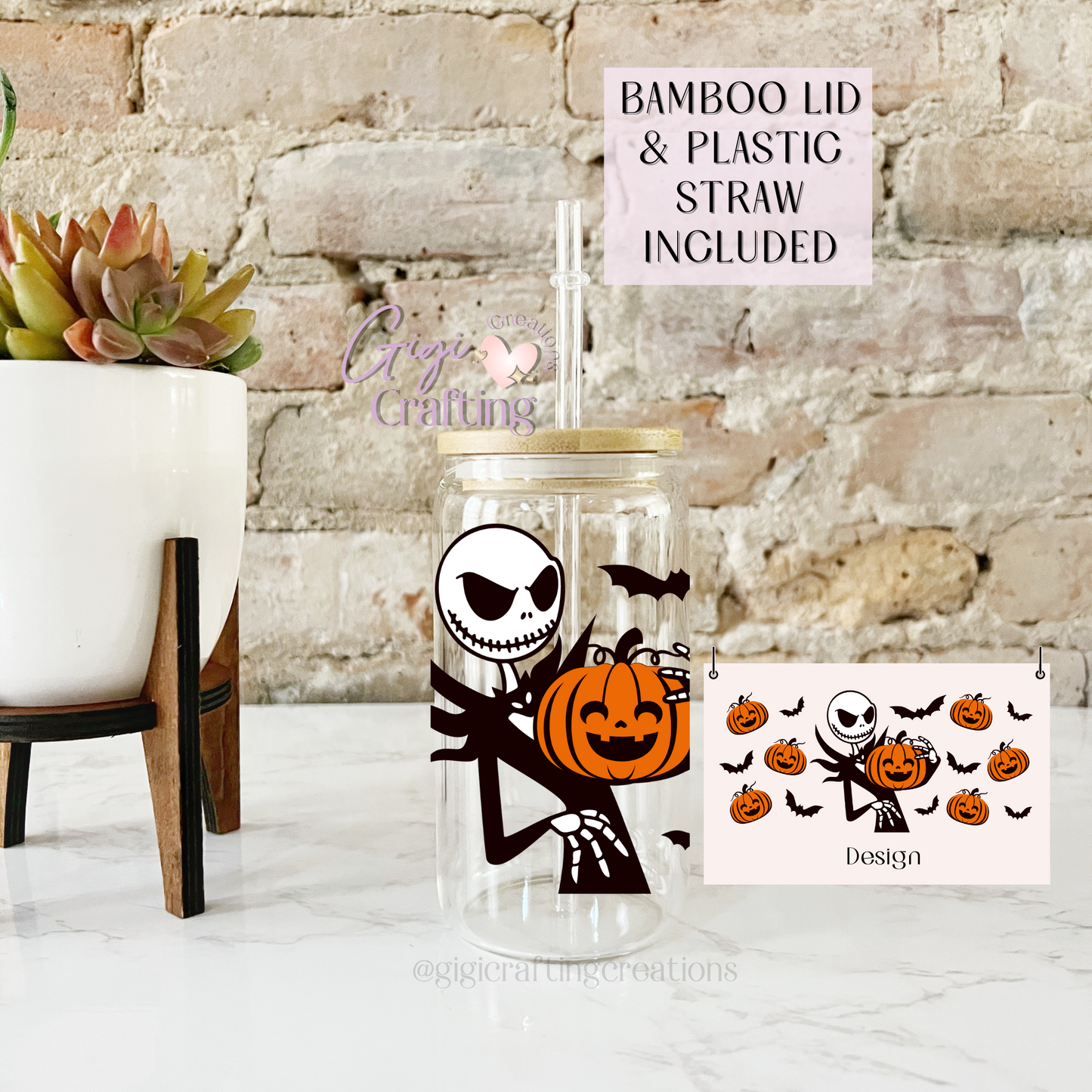 16oz Glass Cup Horror Skeleton Pumpkin Halloween